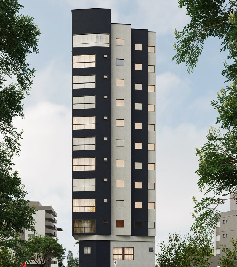 Render da fachada vista de frente: a torre de doze andares entre as árvores da avenida, com as varandas em faixa vertical escura no centro.
