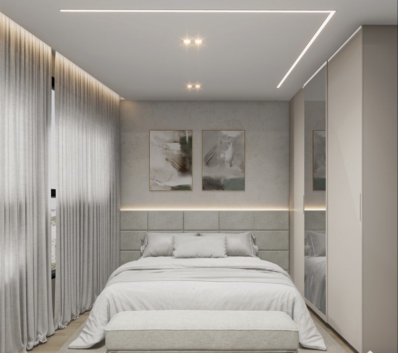 Render do quarto de casal, com cama de casal, cabeceira estofada, guarda-roupa de porta espelhada, cortina até o chão e iluminação linear no forro.