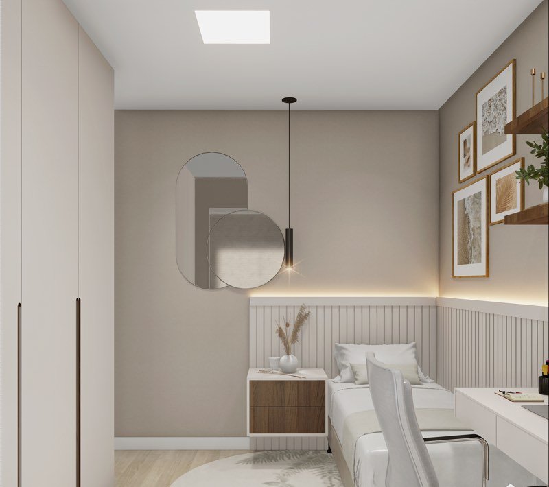 Render do segundo quarto, montado como quarto de solteiro com escrivaninha, cadeira, guarda-roupa, criado-mudo e quadros na parede.