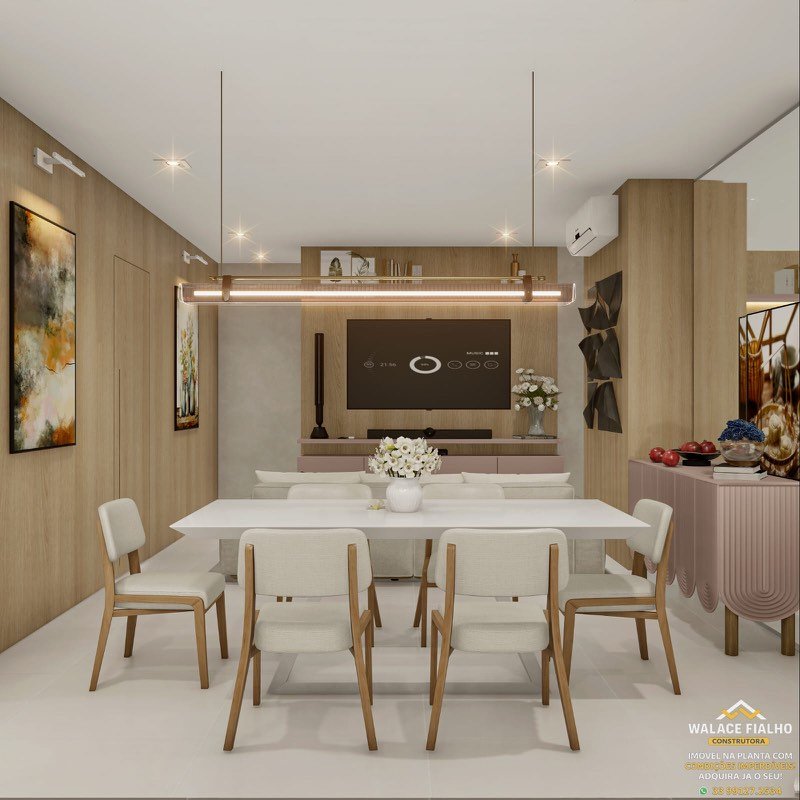 Render de ambiente decorado com sala de estar e jantar integradas, painel de TV em madeira e aparador rosé.