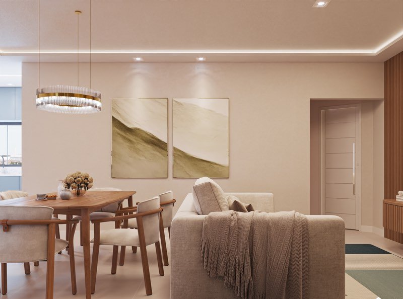 Render do estar e jantar integrados, com mesa de madeira para seis lugares, luminária circular suspensa e dois quadros na parede.